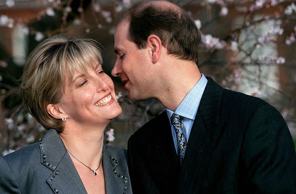 london, united kingdom   january 06  sophie rhys jones and prince edward kissing on the day of their engagement  photo by tim graham photo library via getty images