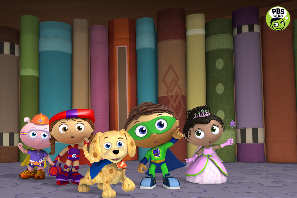 five animated characters in front of a row of colorful book spines 