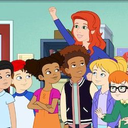 animated group of diverse kids with red-haired teacher