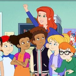 animated group of diverse kids with red-haired teacher