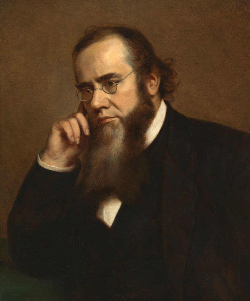 painting of edwin stanton wearing glasses and doing a thinking pose with his right hand