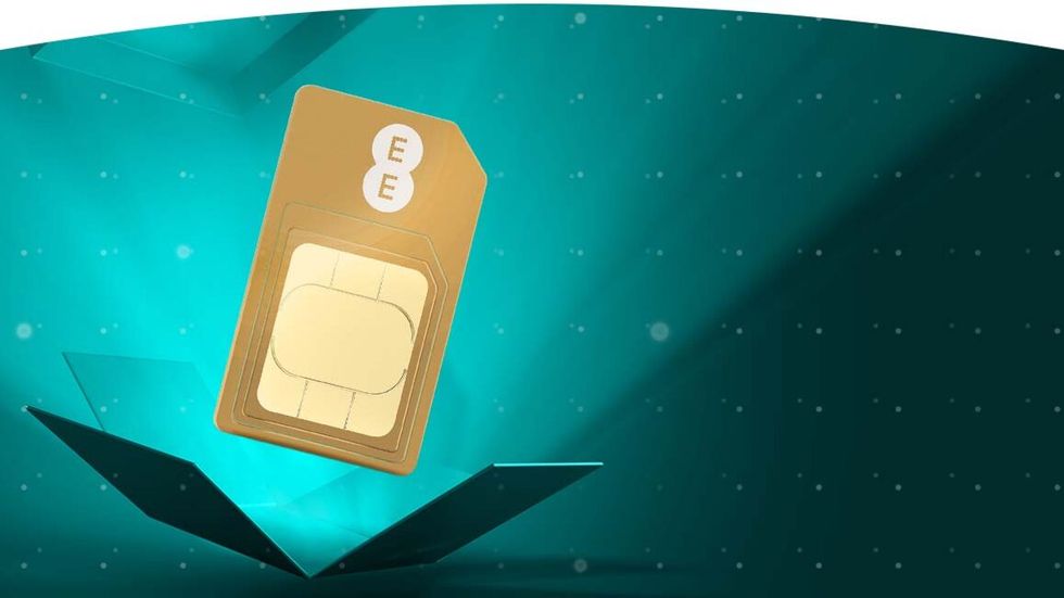 ee sim only illustration showing a golden ee branded sim card popping out of a flattened, illuminated green box