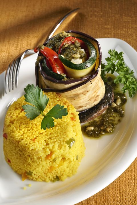 Eggplant and vegetable roll-up with couscous salad
