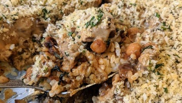 eggplant casserole with brown rice and chickpeas