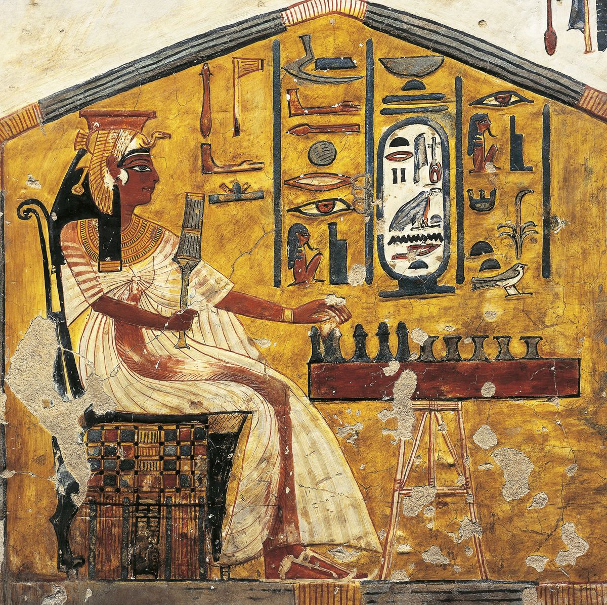 Egypt, Thebes, Luxor, Valley of Queens, Tomb of Nefertari, detail of antechamber frescoes, Queen Nefertari playing Senet