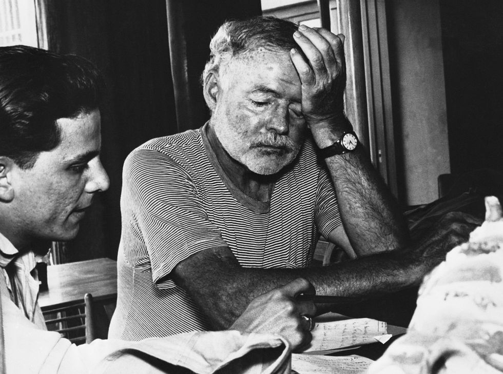 hemingway rests his head after supervising filming of the big screen version of his novel the old man and the sea filming moved from cuba to peru in order to find better marlin fishing grounds