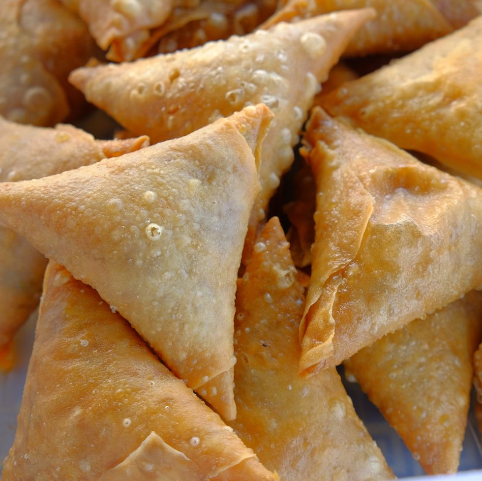 eid alfitr food  overhead view of sweet samosas