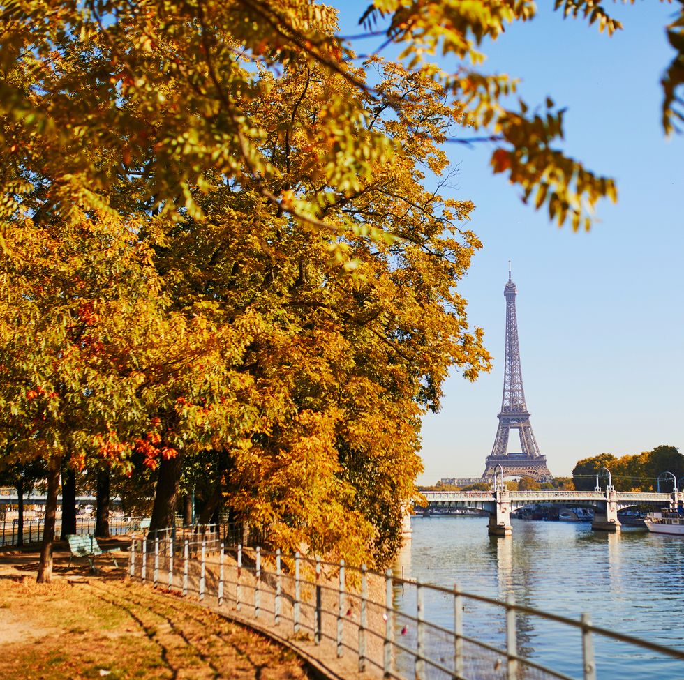 eiffel tower over the river seine on a bright fall day in paris, france
