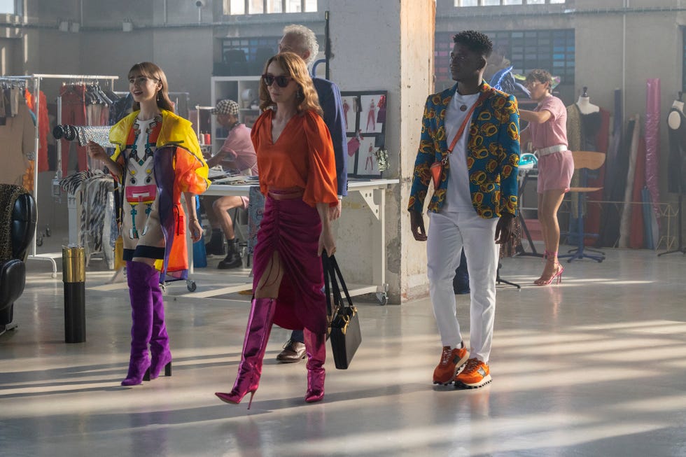 emily in paris l to r lily collins as emily, bruno gouery as luc, philippine leroy beaulieu as sylvie grateau, samuel arnold as julien in episode 307