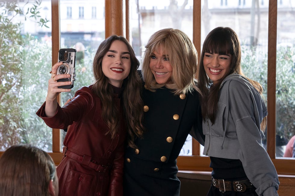 lily collins as emily, brigitte macron as self, thalia besson