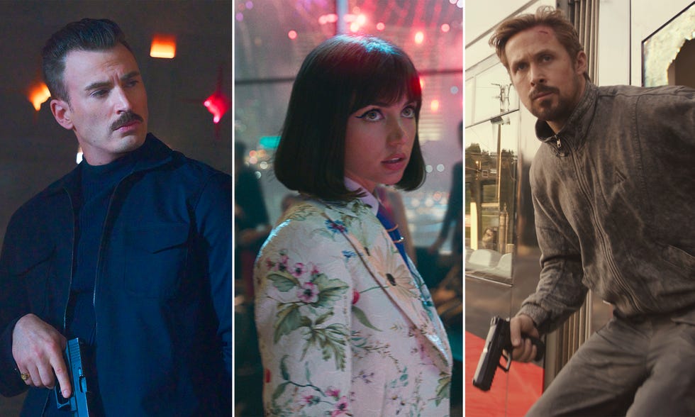 chris evans, ana de armas y ryan gosling en diferentes escenas de el agente invisible