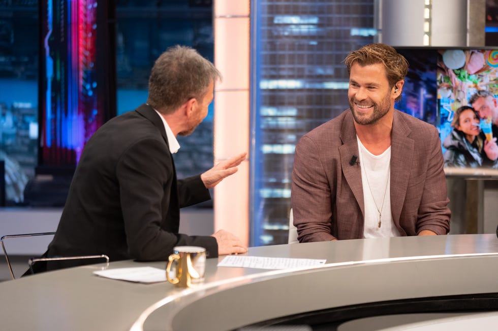 actor chris hemsworth and presenter pablo motos on tv show el hormiguero , 07 june 2023