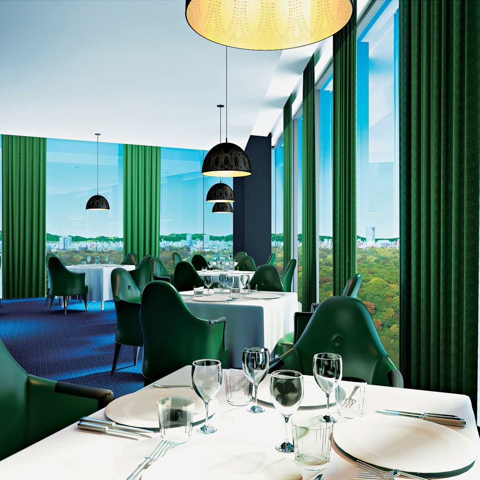 Restaurant, Green, Turquoise, Room, Interior design, Lighting, Building, Ceiling, Table, Furniture, 