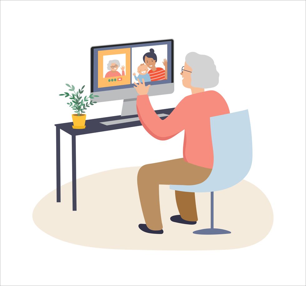 elderly, old people, senior people at home, playing chess, chatting on computer with grandchildren, reading books, working out, learning languages vector illustration, cartoon set