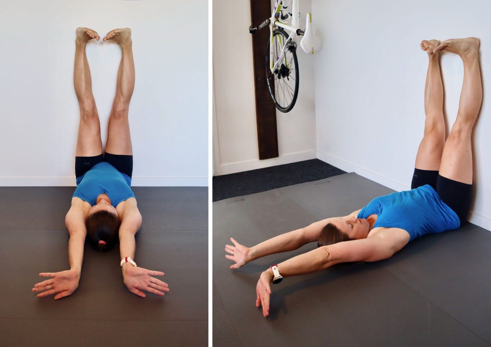 individual performing a wallsupported stretch with legs elevated