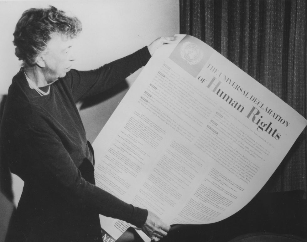 eleanor roosevelt 1884 1962, wife of franklin delano roosevelt and first lady of the united states from 1933 to 1945, holds up the universal declaration of human rights udhrk, usa, 1948 photo by fpggetty images