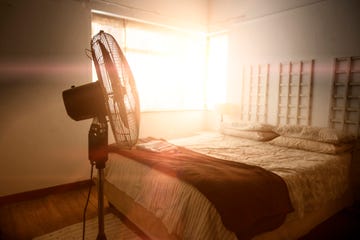 Electric fan next to bed with sunshine coming through the window.