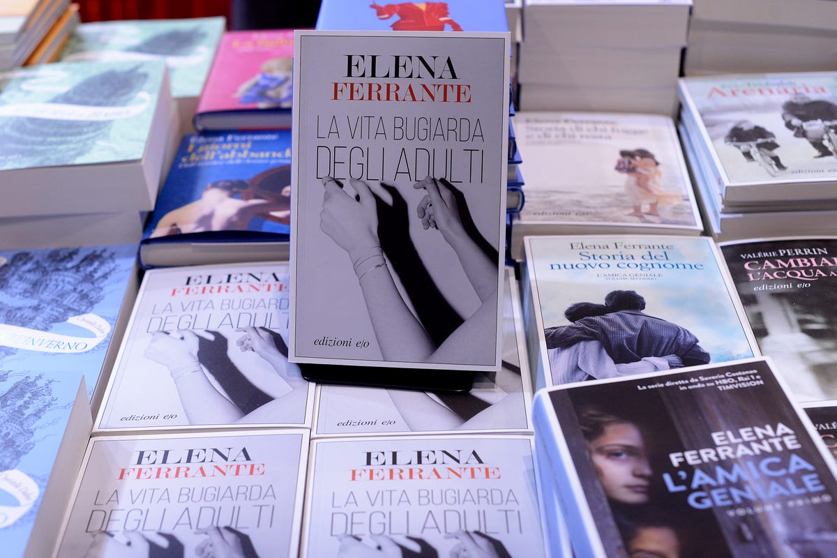 rome, italy   december 04 books by elena ferrante at the piu libri piu liberi publishing fair at the convention center la nuvola, on december 4, 2019 in rome, italy photo by simona granati   corbisgetty images