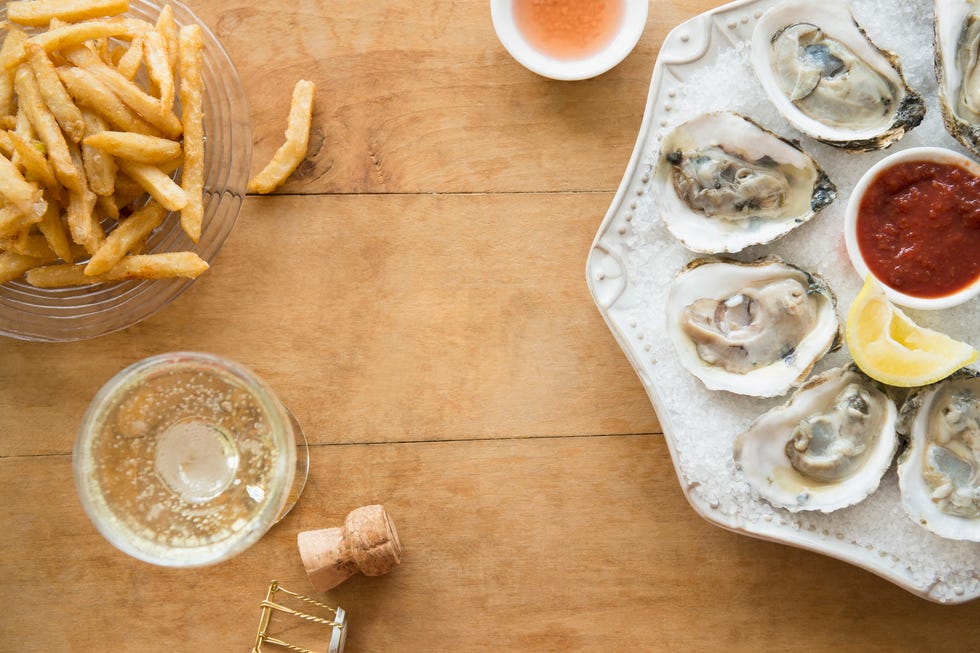 Elevated view of plate with oysters