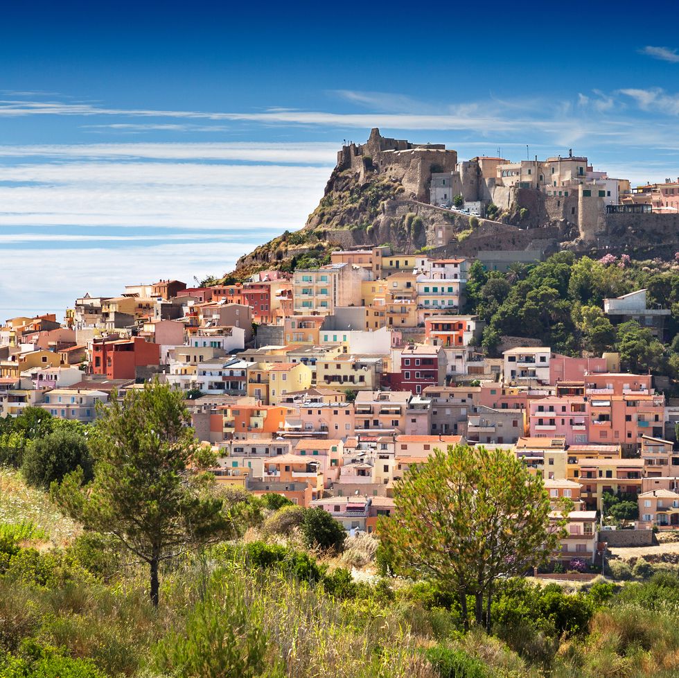 elevated view over the colourful town of castelsardo on a sunny day in summer