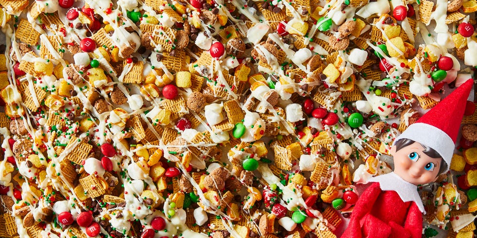chex mix with red and green candy and icing