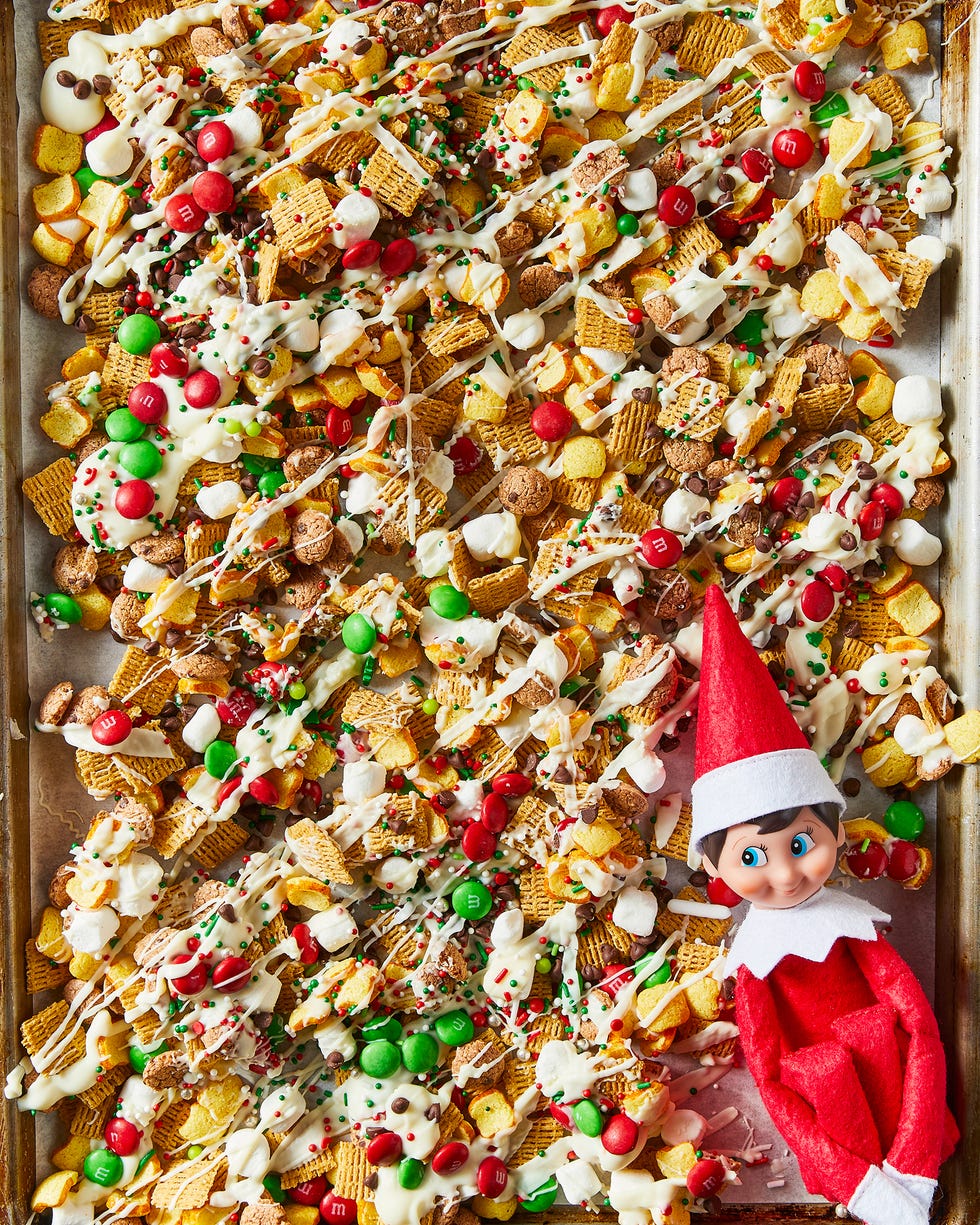 chex mix with red and green candy and icing