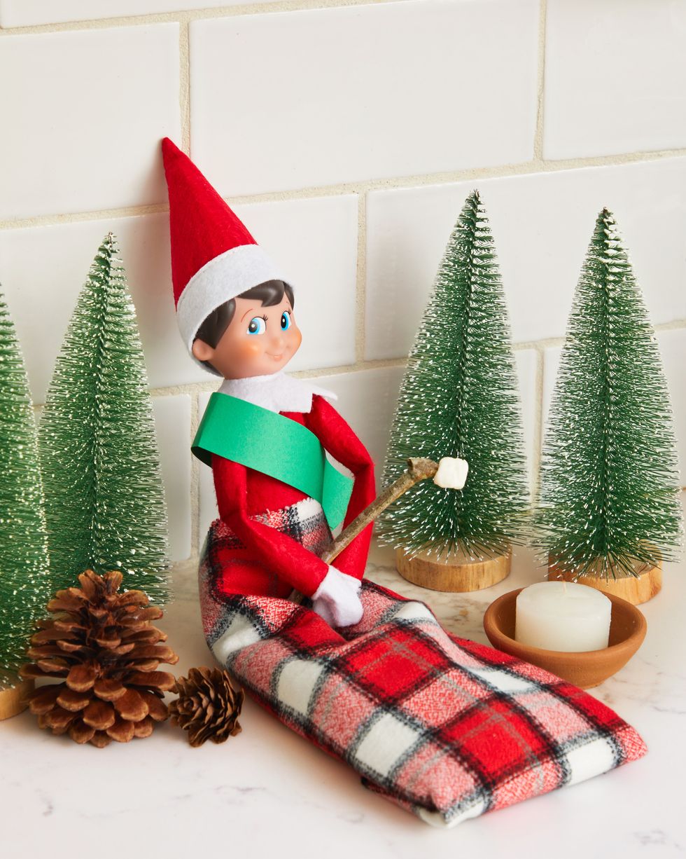 elf on the shelf wearing green boy scout sash in red plaid sleeping bag with pine cones and tiny bottle brush christmas trees