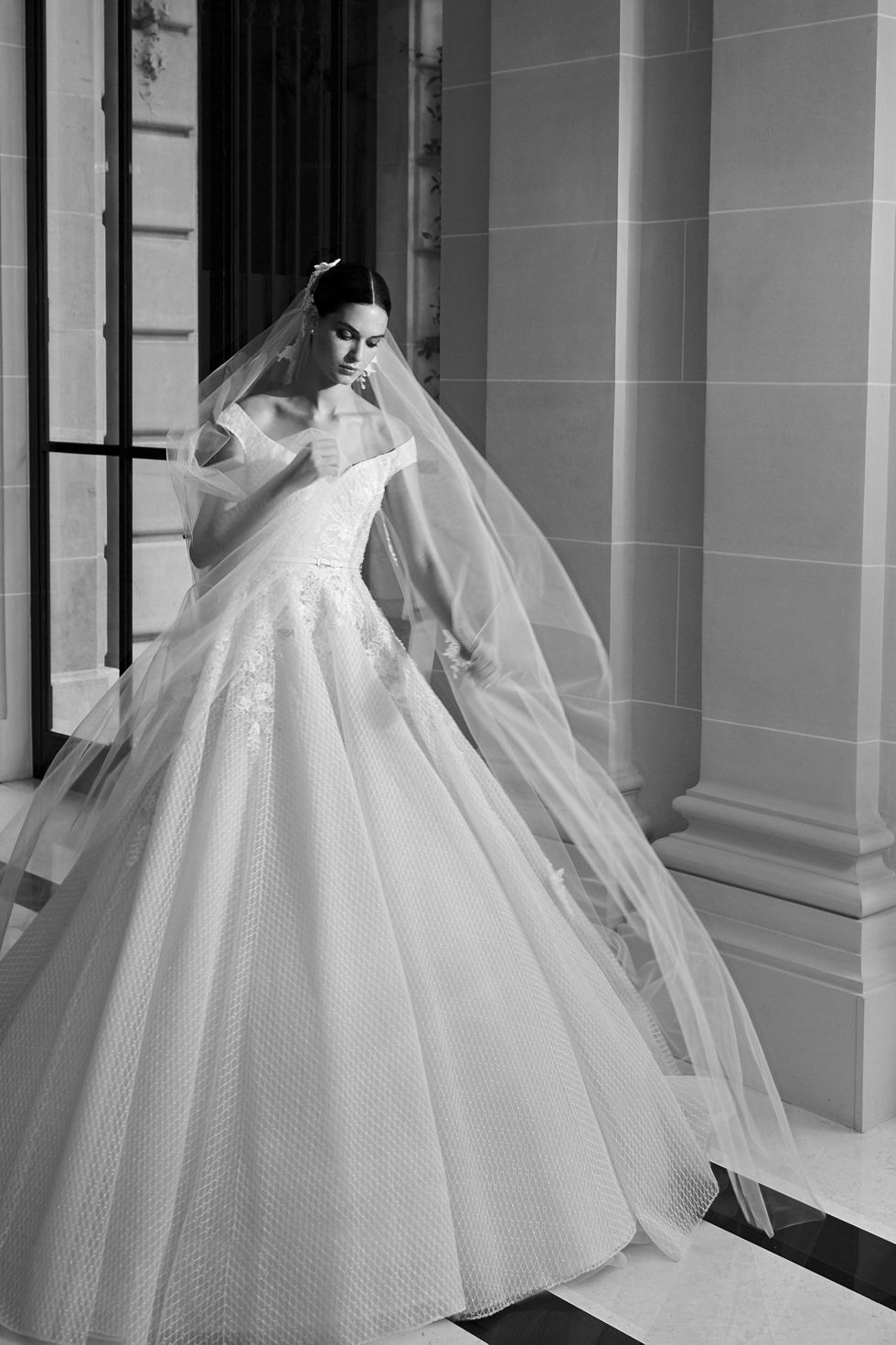 Wedding dress, Gown, Dress, Bridal veil, Bridal accessory, Photograph, Bride, Clothing, Bridal clothing, Shoulder, 