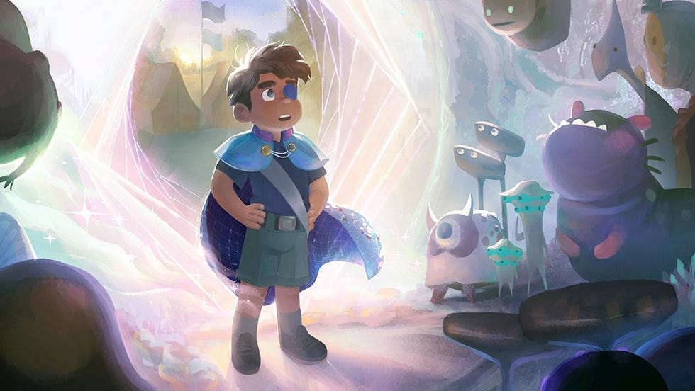 a young character with a cape stands amidst fantastical creatures and a glowing background