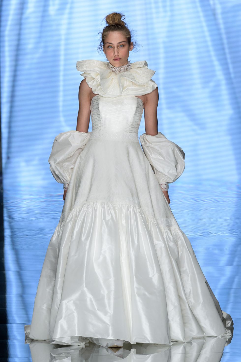 Wedding dress, Gown, Dress, Clothing, Fashion model, White, Bridal clothing, Bridal party dress, Fashion, Shoulder, 