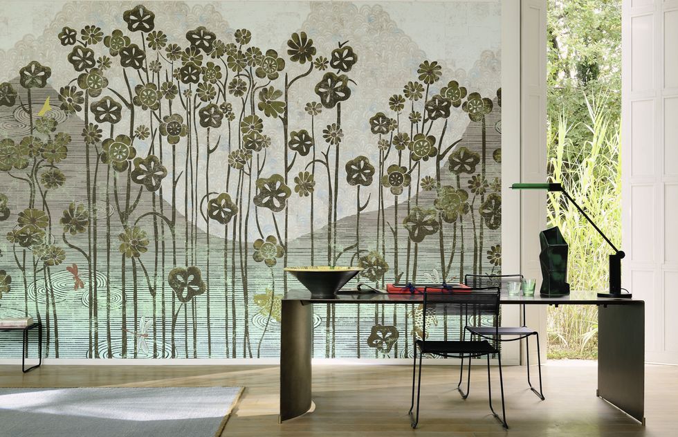 Interior design, Wallpaper, Room, Wall, Furniture, Table, Tree, Tile, Plant, Architecture, 