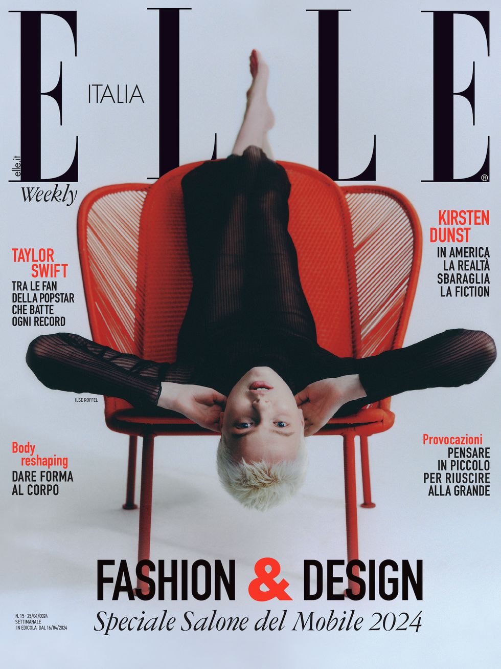 a magazine cover with a person lying on a chair