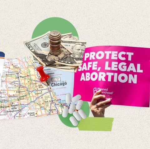 a collage including a photo of money, a map, and a protest sign saying protect safe, legal abortion