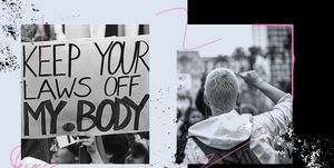 a protest sign that reads keep your laws off my body and a photo of a protestor with their fist raised