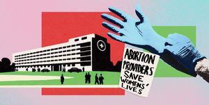 a collage showing a hospital, a doctor putting on gloves, and a protest sign that reads abortion providers save womens' lives