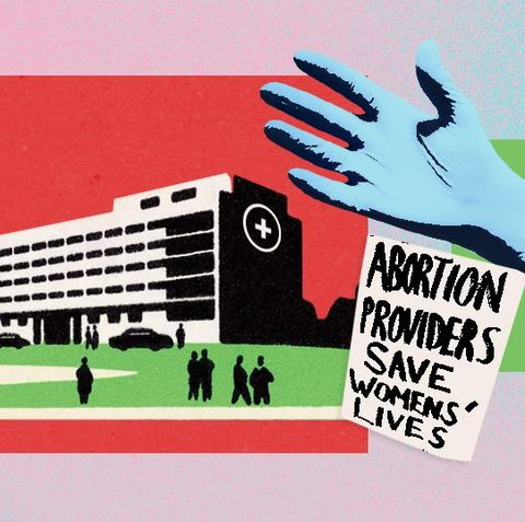 a collage of imagery including a sign that reads abortion providers save womens lives