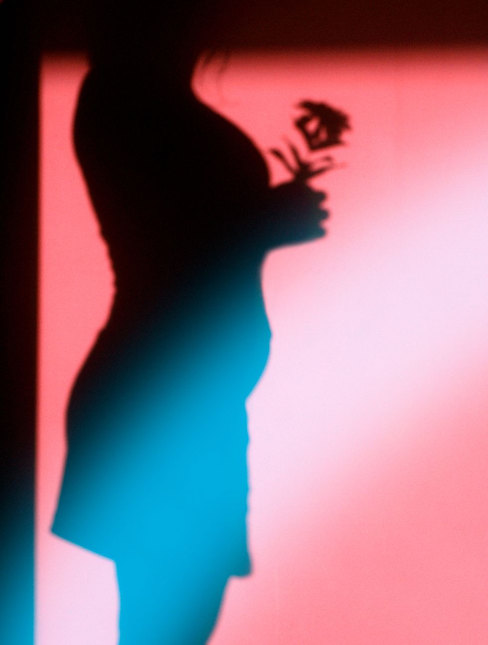 shadow of a pregnant woman holding a flower