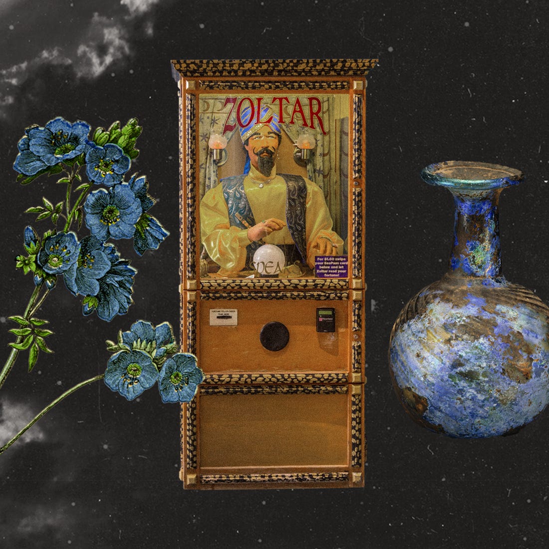 a fortune teller machine surrounded by flowers and a decorative vase