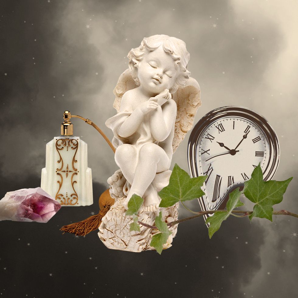 a collage of an angel statue, a clock, a crystal
