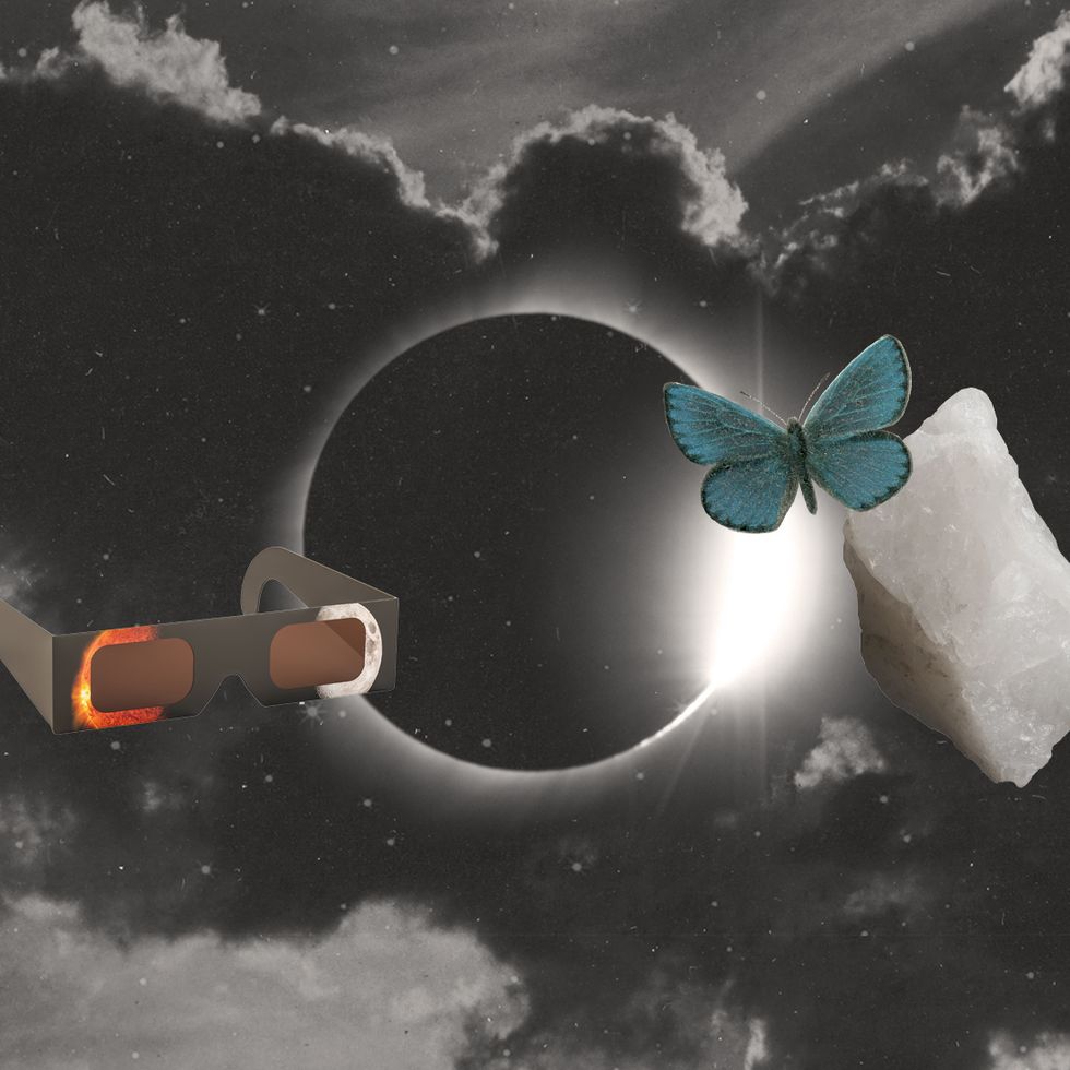 a solar eclipse, a crystal, a butterfly, and eclipse glasses
