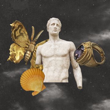 a collage of a statue, a ring, and a gold butterfly