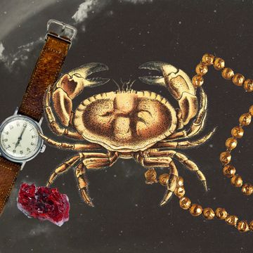 collage of a crab, a gold necklace, a crystal, and a watch