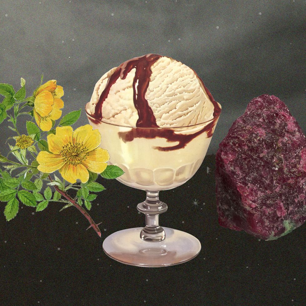 a collage of flowers, a cup of ice cream, and a gem stone