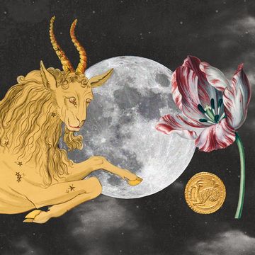 a collage of a moon, a goat, a flower, and a coin