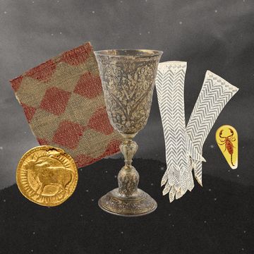 a collage of a goblet, coin, gloves, and a piece of cloth