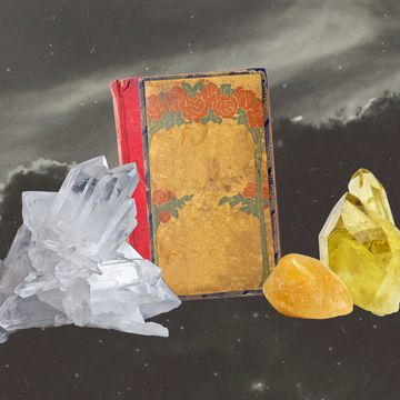 a collage of a book and crystals