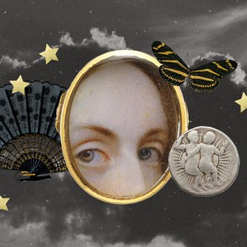 a collage of a locket with a person looking through it, a fan, a coin, and a butterfly