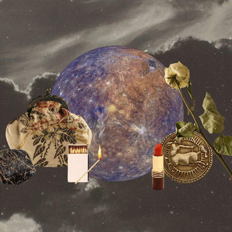 mercury surrounded by matches, a purse, lipstick, and a dried flower