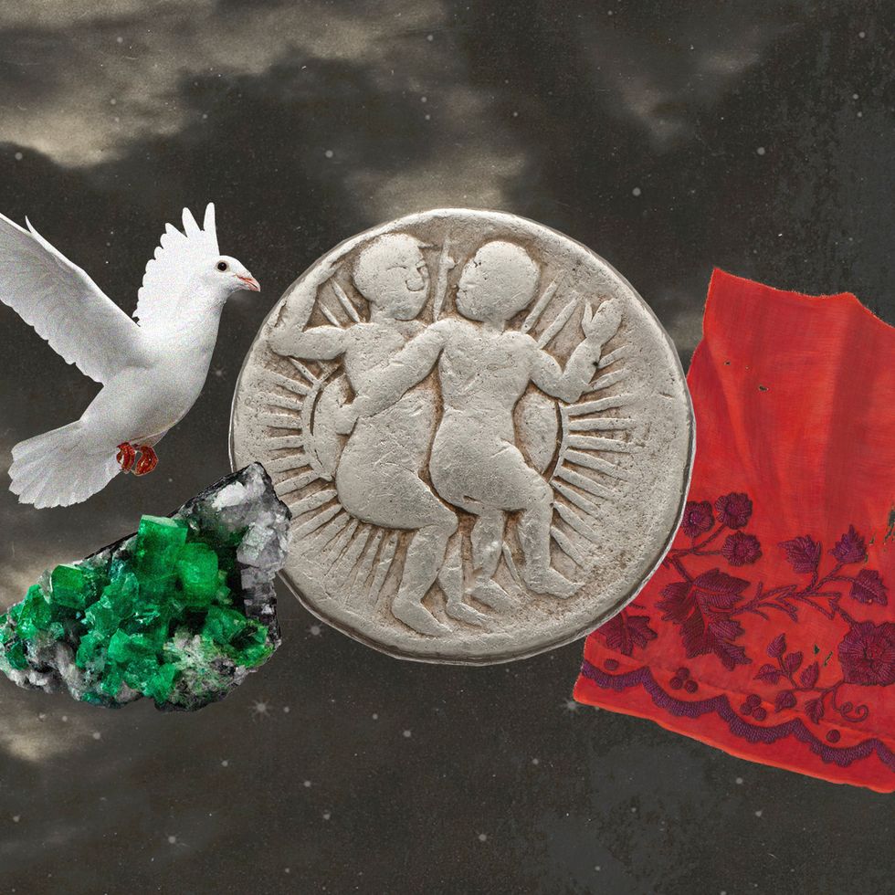a collage of a coin, bird, scarf, and gem