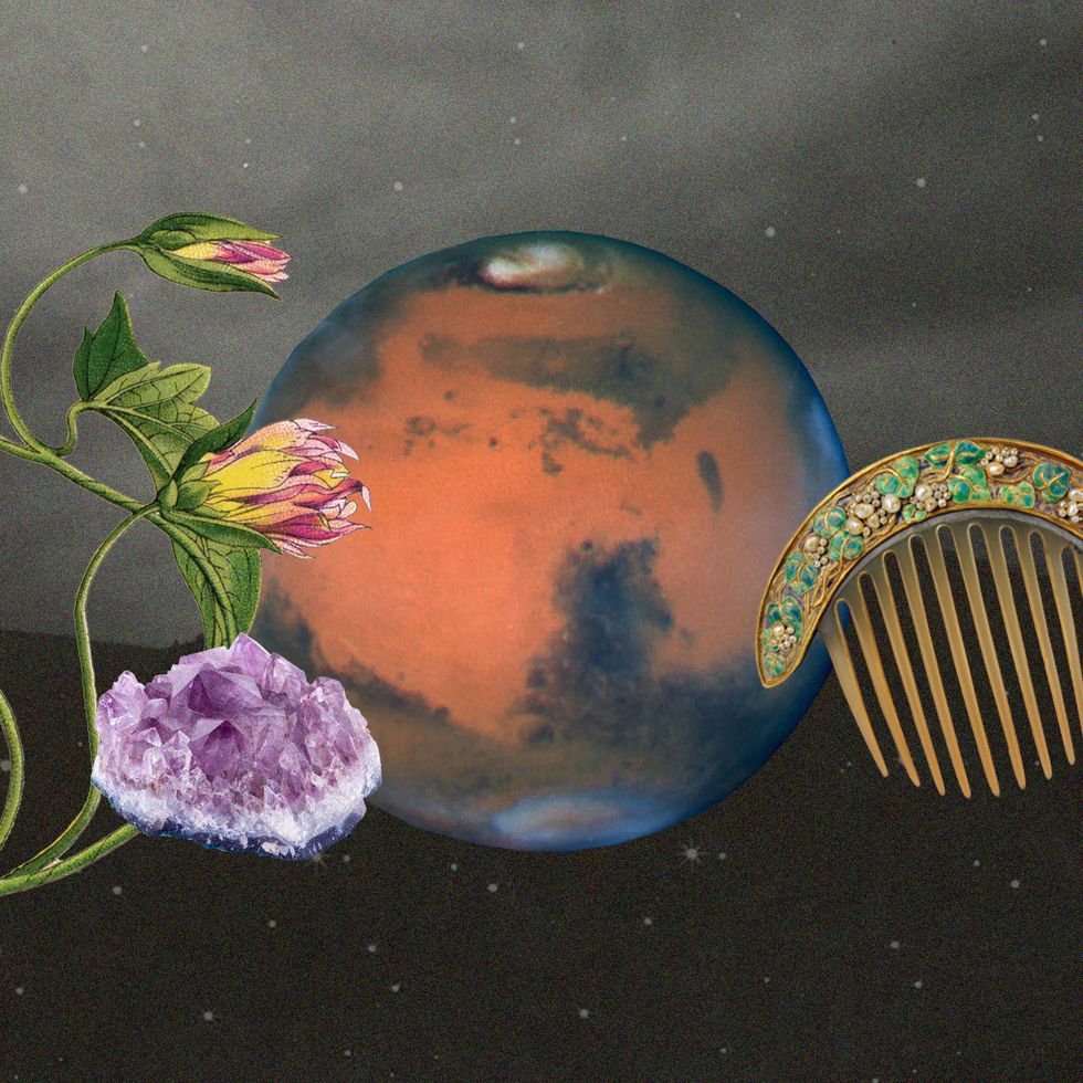 a collage of mars, a comb, a flower, and a gem